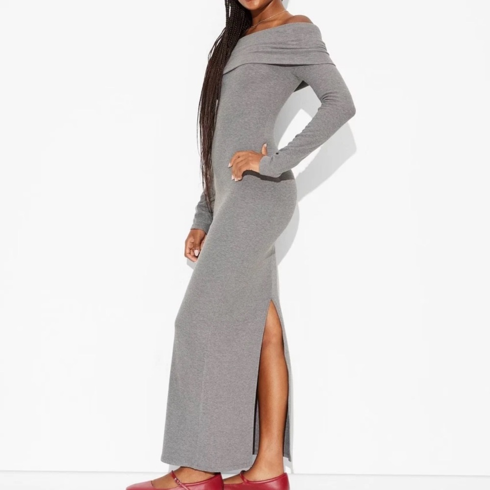 Wild Fable Grey Off The Shoulder Ribbed Midi Maxi Long Sleeve Sweater Dress